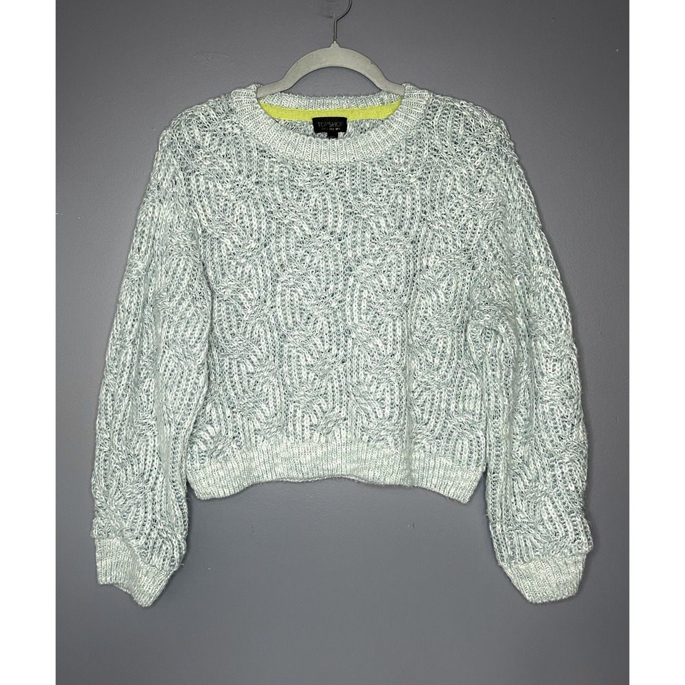 Topshop Sweater Womens 4 Blue Chain Cable Knit Soft Crewneck Cropped Oversized